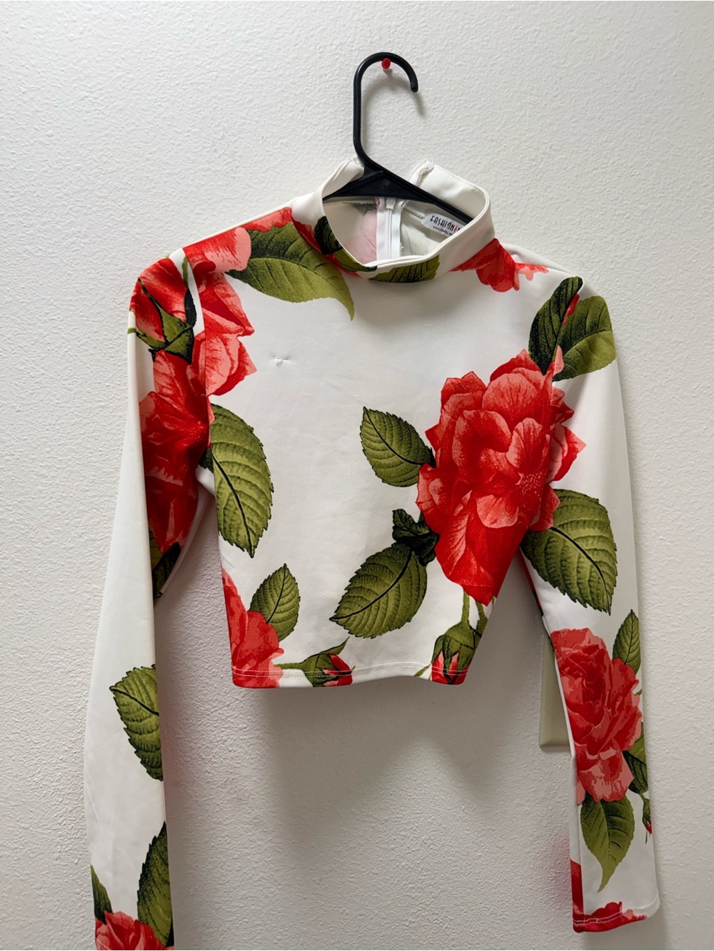 Floral Mock Neck Crop Top - White with Red Roses